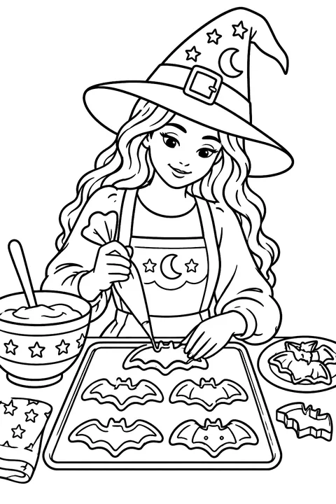 Witch baking cookies shaped like bats coloring page