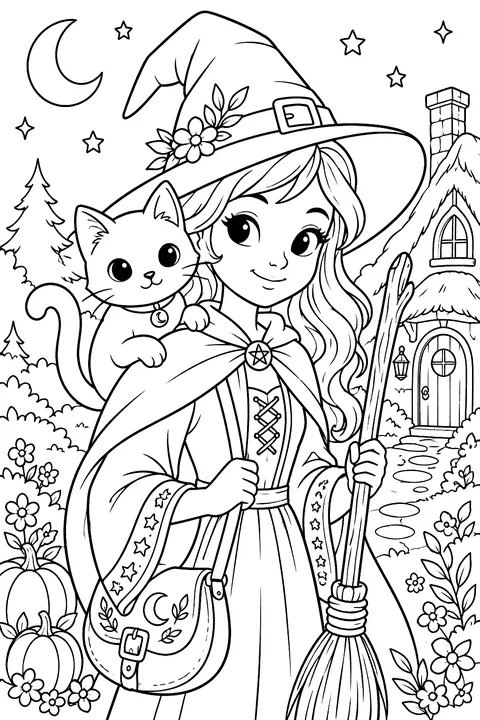 Witch with a black cat on her shoulder coloring page