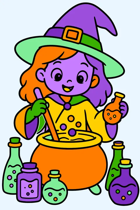 Witch brewing potions in many bottles coloring page