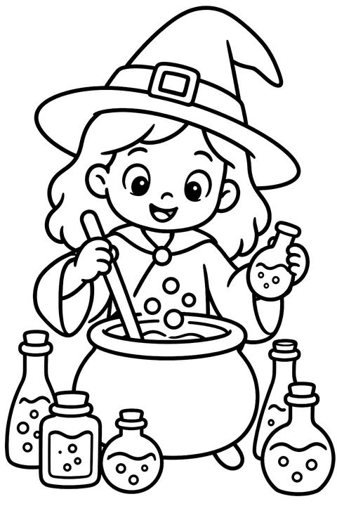 Witch brewing potions in many bottles coloring page