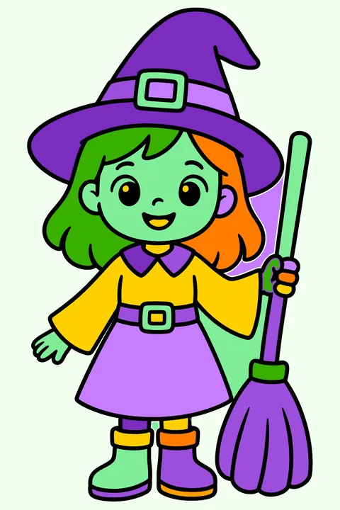 Witch with a broom parked next to her coloring page