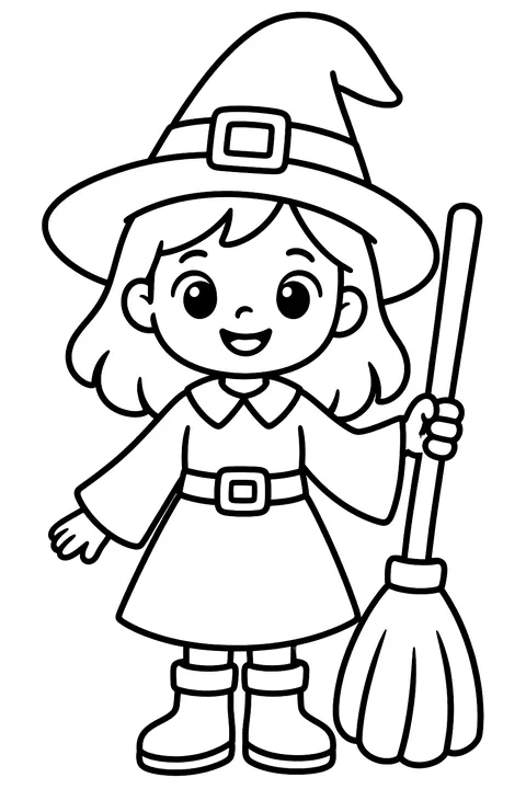 Witch with a broom parked next to her coloring page