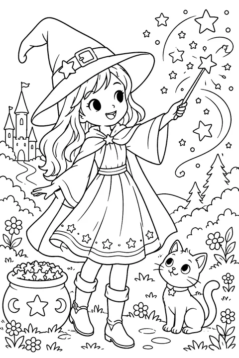 Witch casting stars from a wand coloring page