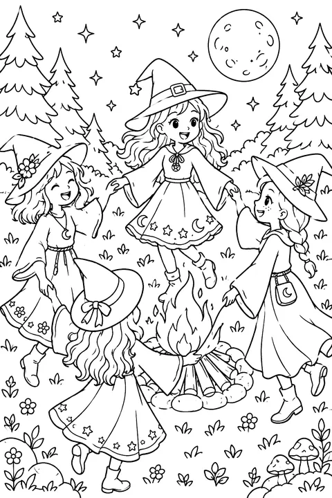Witch dancing around a bonfire with friends coloring page