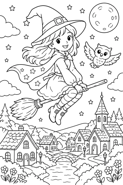Witch flying over a village at night coloring page