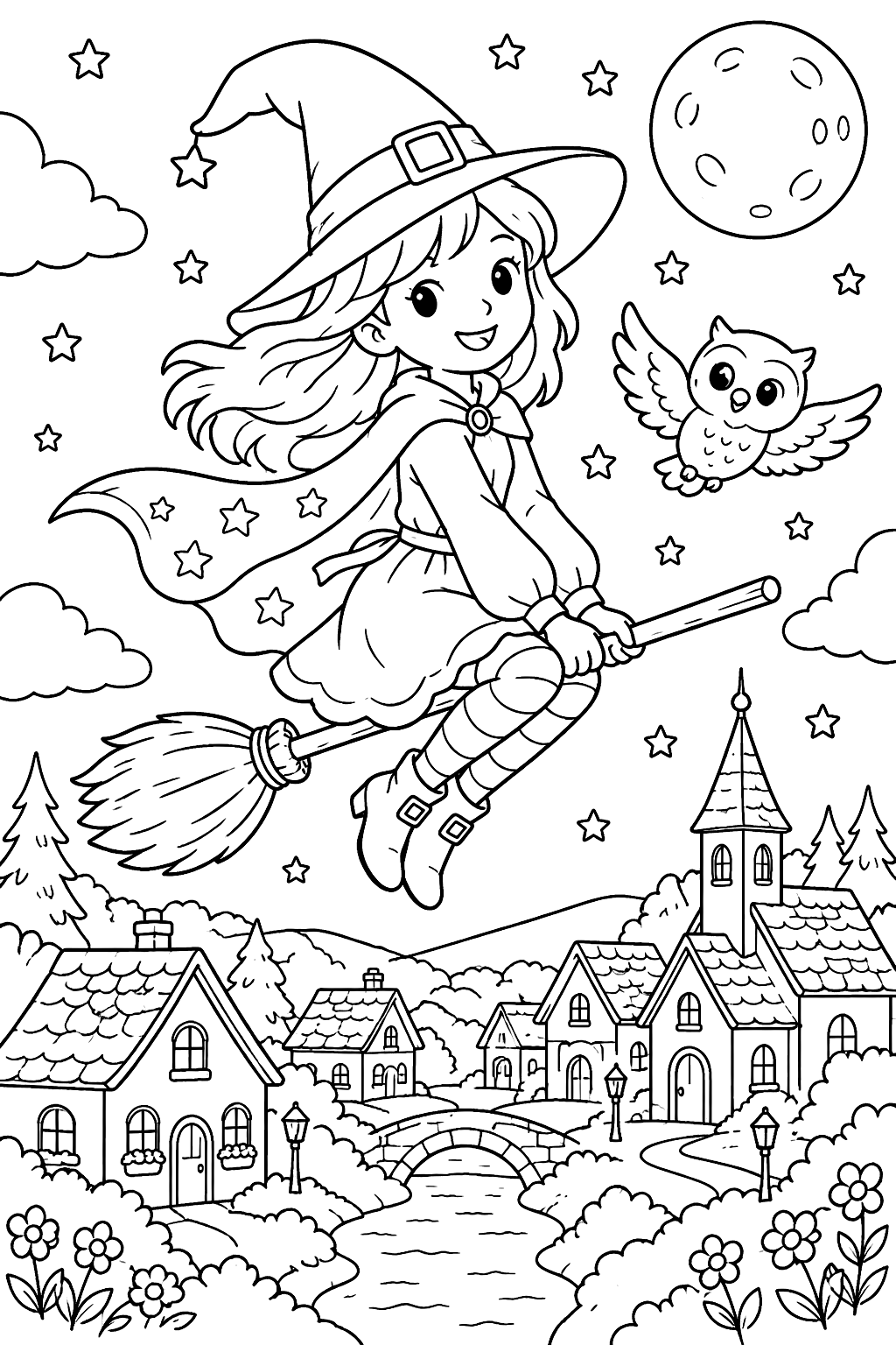 Witch flying over a village at night coloring page