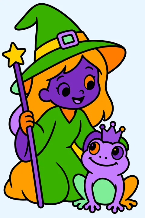 Witch and a frog prince coloring page