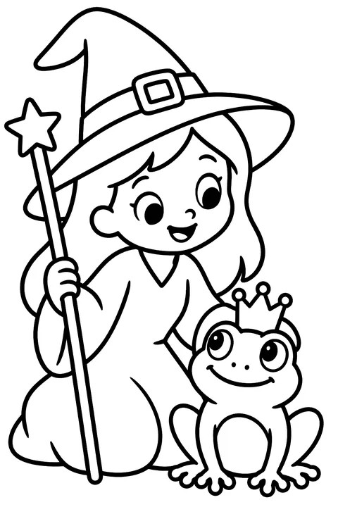 Witch and a frog prince coloring page