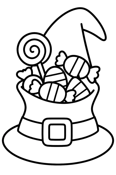 Witch hat full of candy coloring page
