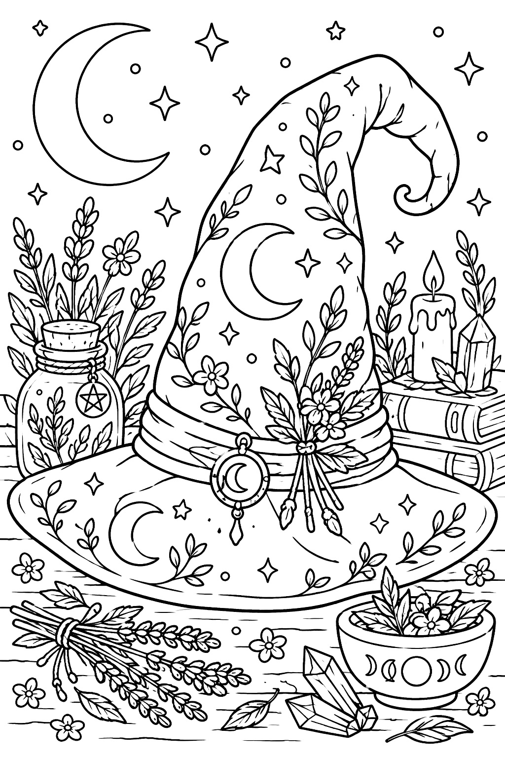 Witch hat surrounded by herbs, moons and stars coloring page
