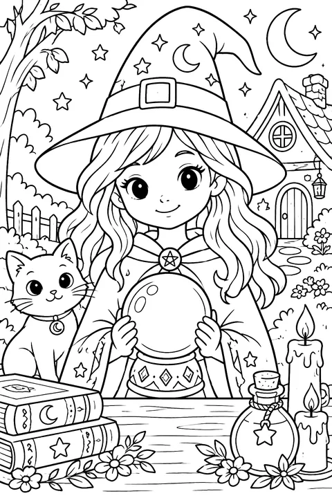 Witch holding a crystal ball coloring page