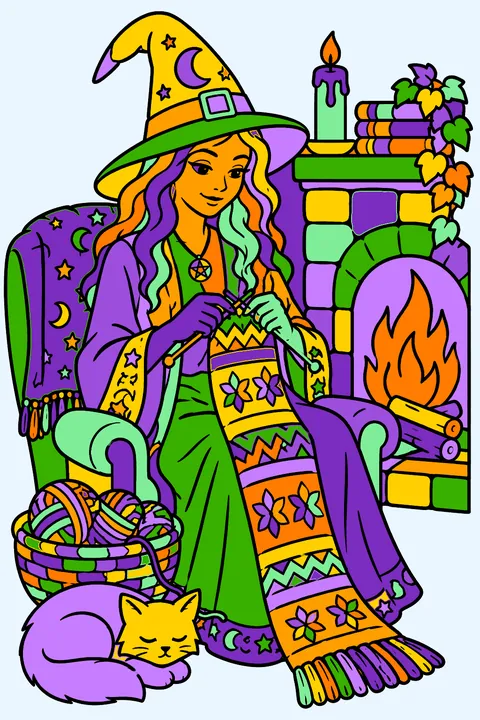 Witch knitting a scarf by the fireplace coloring page