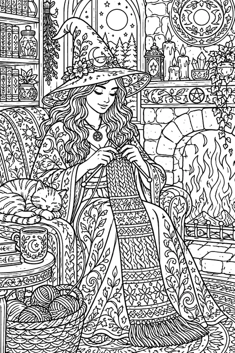 Witch knitting a scarf by the fireplace coloring page