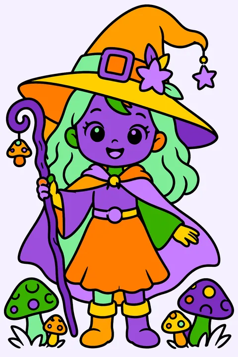 Witch with ornate hat, flowing cape and mushrooms coloring page