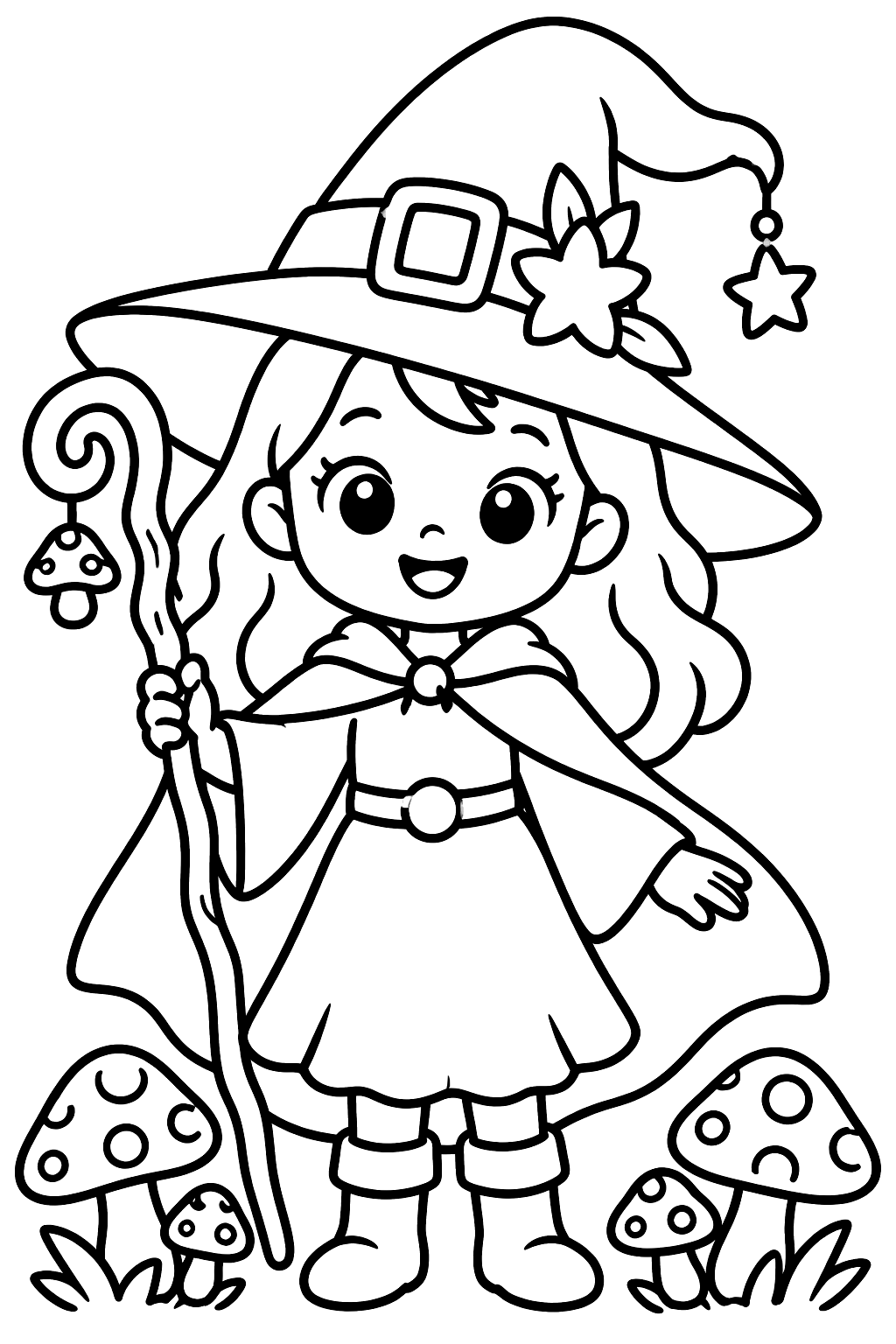 Witch with ornate hat, flowing cape and mushrooms coloring page