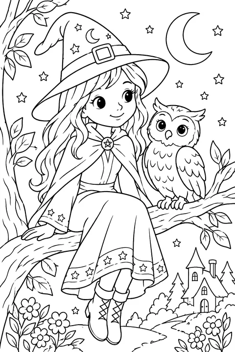 Witch with an owl on a branch coloring page