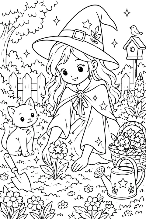 Witch planting magic flowers in a garden coloring page