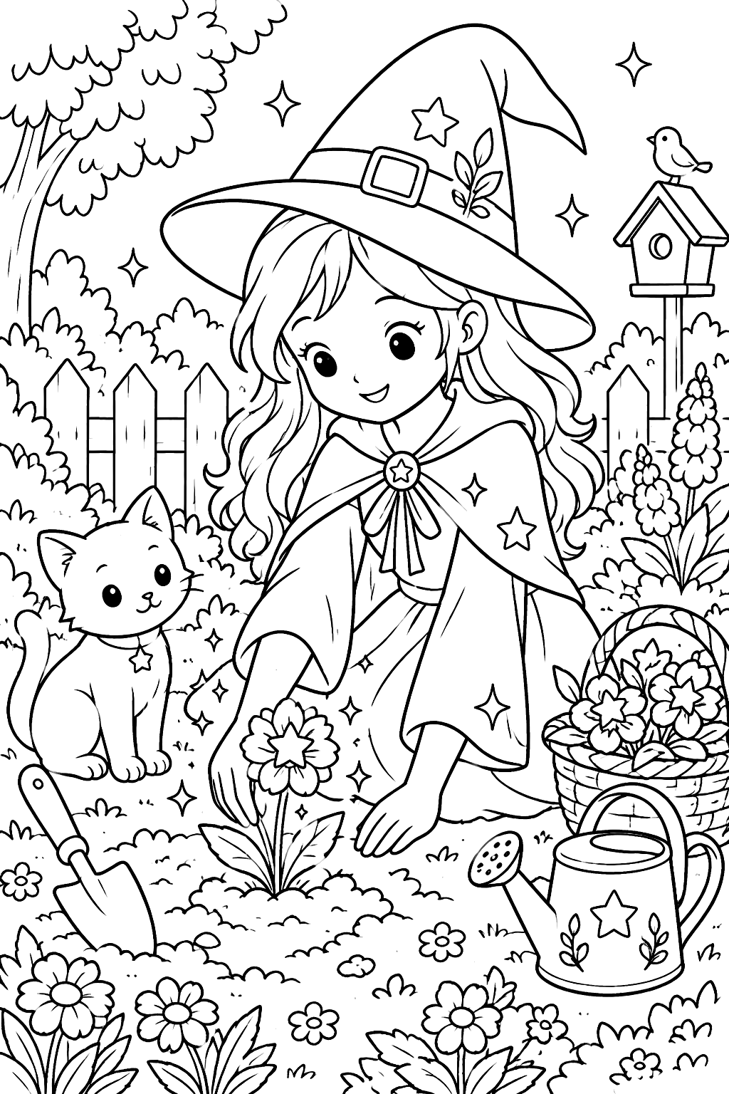 Witch planting magic flowers in a garden coloring page