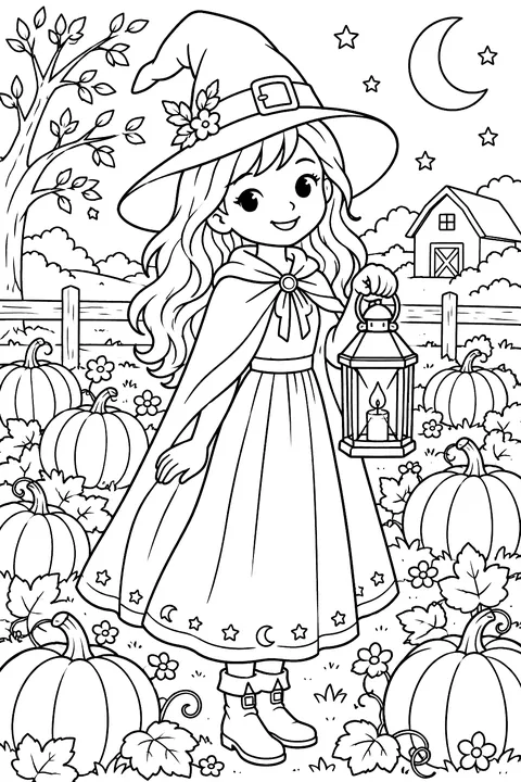 Witch in a pumpkin patch with a lantern coloring page