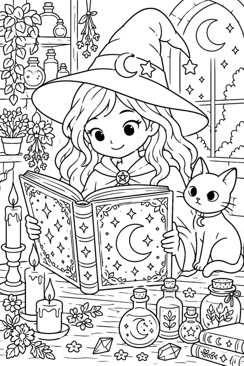 Witch reading a big spell book decorated with a crescent moon and stars, a black cat beside her, candles and potion bottles coloring page