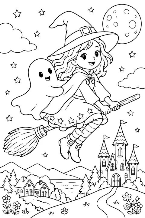 Witch riding a broom with a ghost passenger coloring page