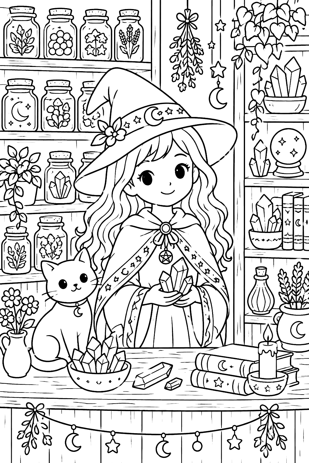 Witch shop shelves with jars and crystals coloring page