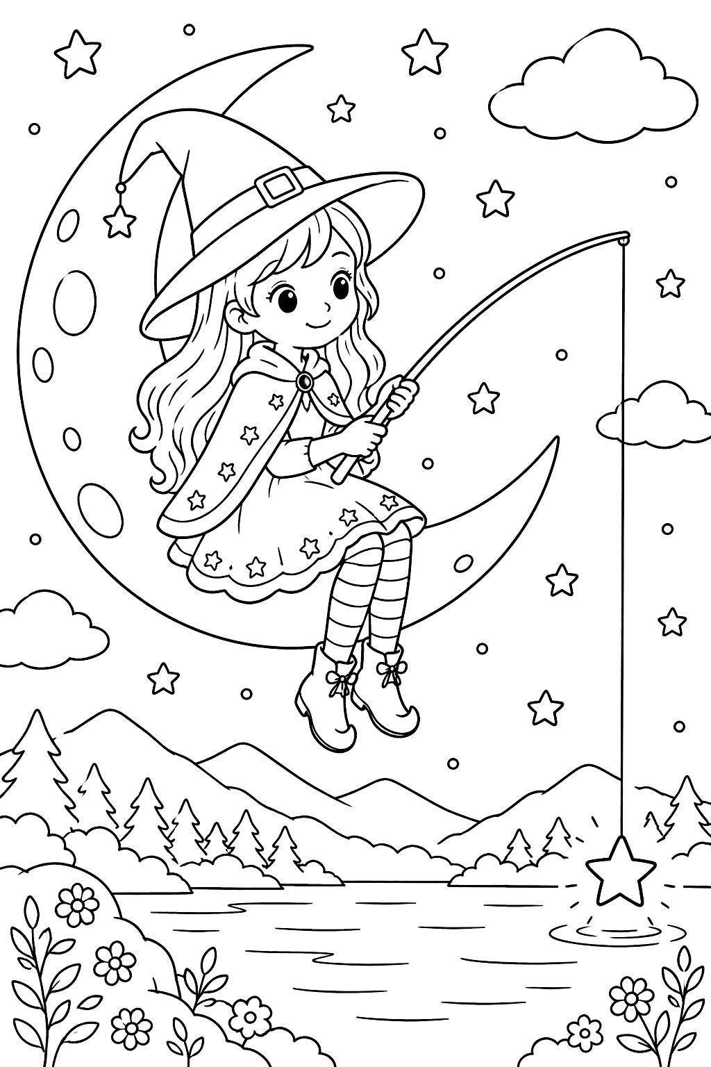 Witch sitting on a crescent moon fishing for stars coloring page