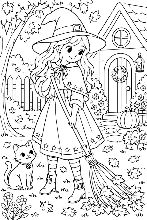 Witch sweeping leaves with her broom coloring page