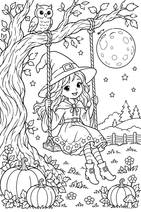 Witch on a rope swing hanging from a twisted old tree branch, with an owl, pumpkins and a full moon; the tree has no face coloring page