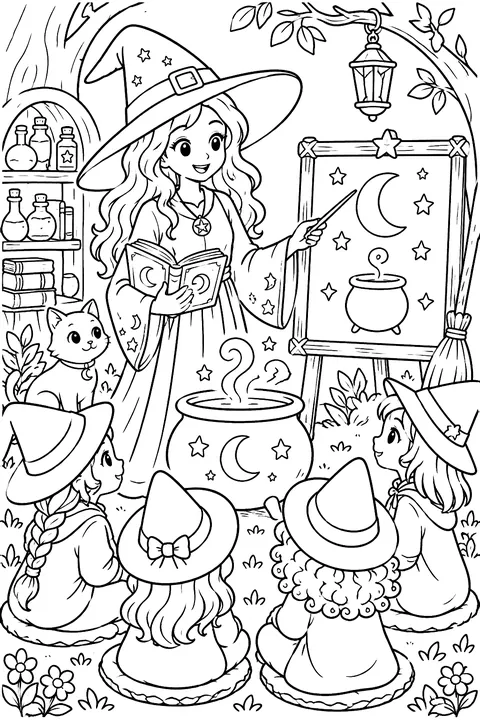 Witch teaching a class of little witches coloring page
