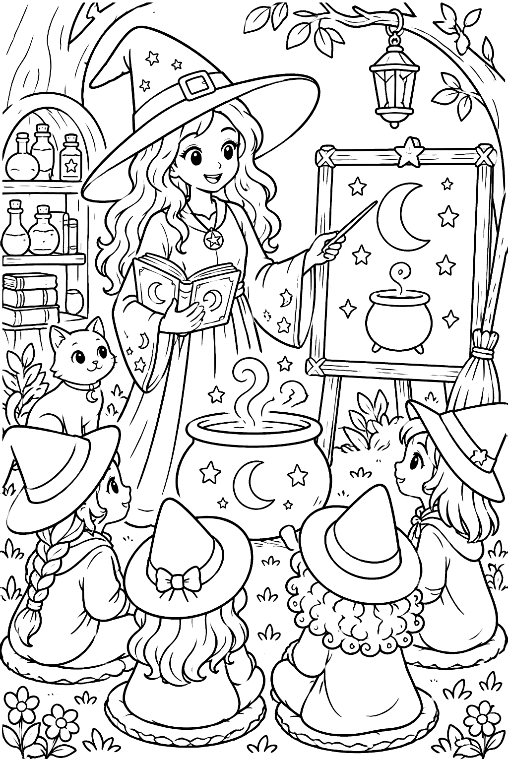 Witch teaching a class of little witches coloring page
