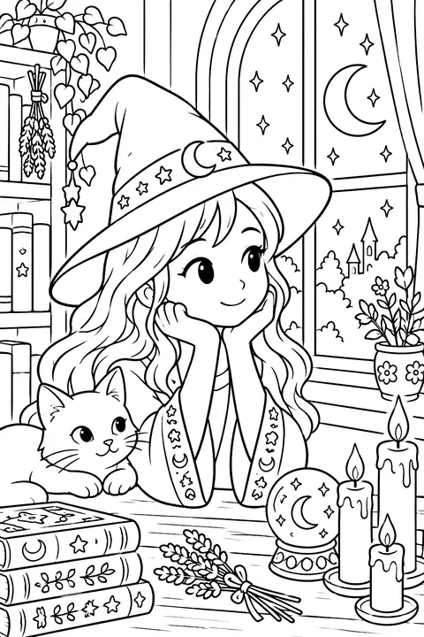 Witch at a window with candles and a crescent moon coloring page