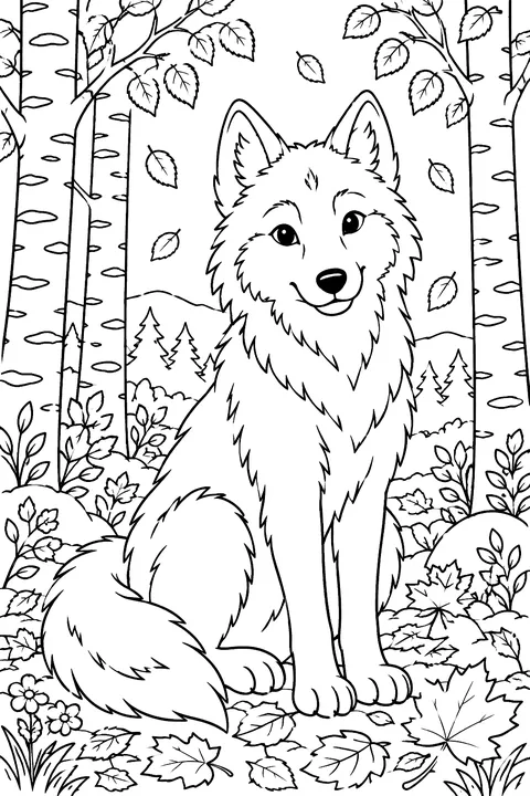 Wolf in the Autumn Woods coloring page