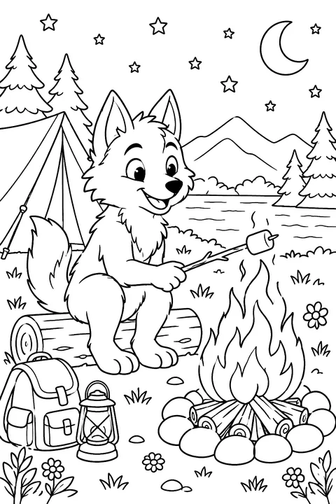 Wolf at the Campfire coloring page