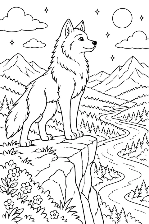 Wolf on a Cliff coloring page