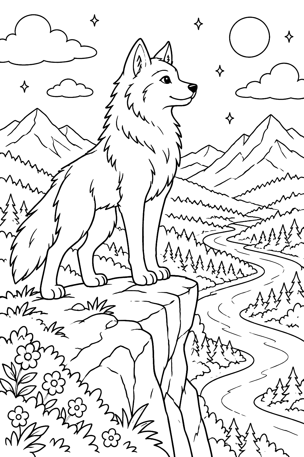 Wolf on a Cliff coloring page