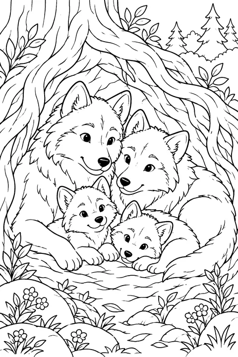 Wolf Family in the Den coloring page