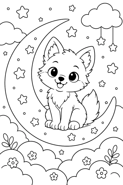 Kawaii Wolf on the Moon coloring page