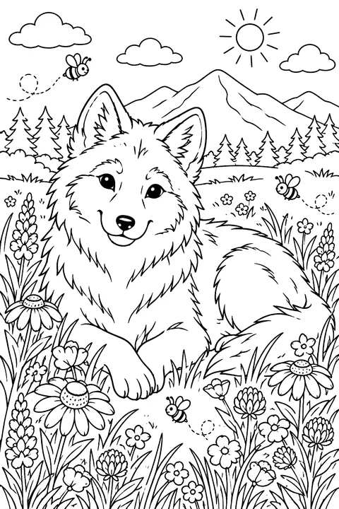 Wolf in a Flower Meadow coloring page