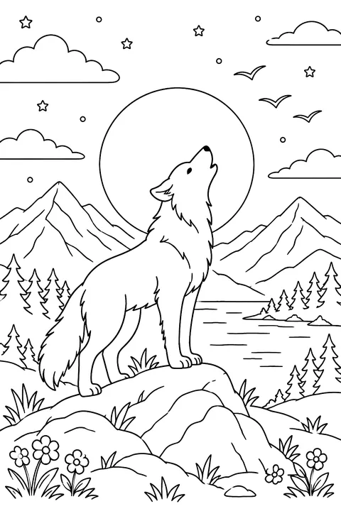 Wolf at Sunset coloring page
