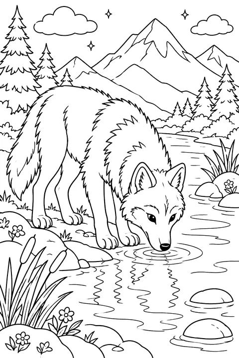 Wolf at the River coloring page