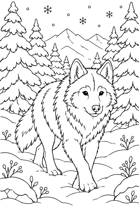 Wolf in a Snowy Forest coloring page
