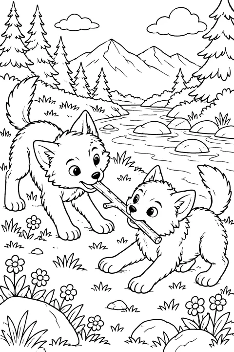 Wolf Pups Playing Tug-of-War coloring page