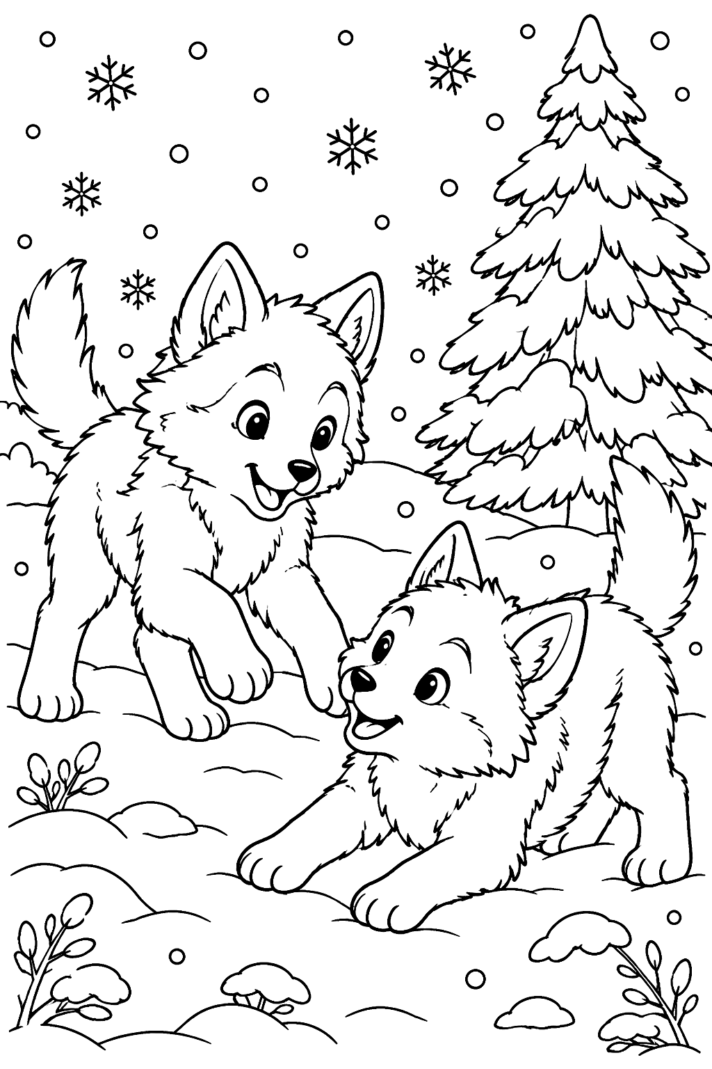 Wolf Pups in the Snow coloring page