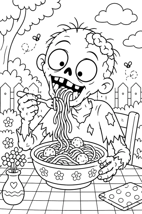 Goofy zombie eating spaghetti coloring page