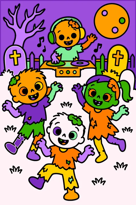 Graveyard party with friendly zombies dancing coloring page