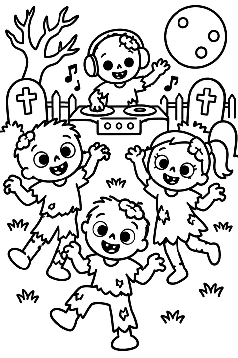 Graveyard party with friendly zombies dancing coloring page
