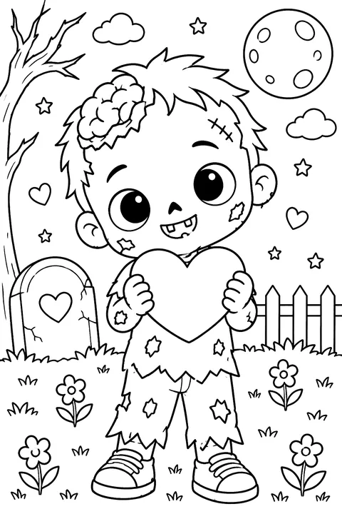 Kawaii zombie holding a heart coloring page