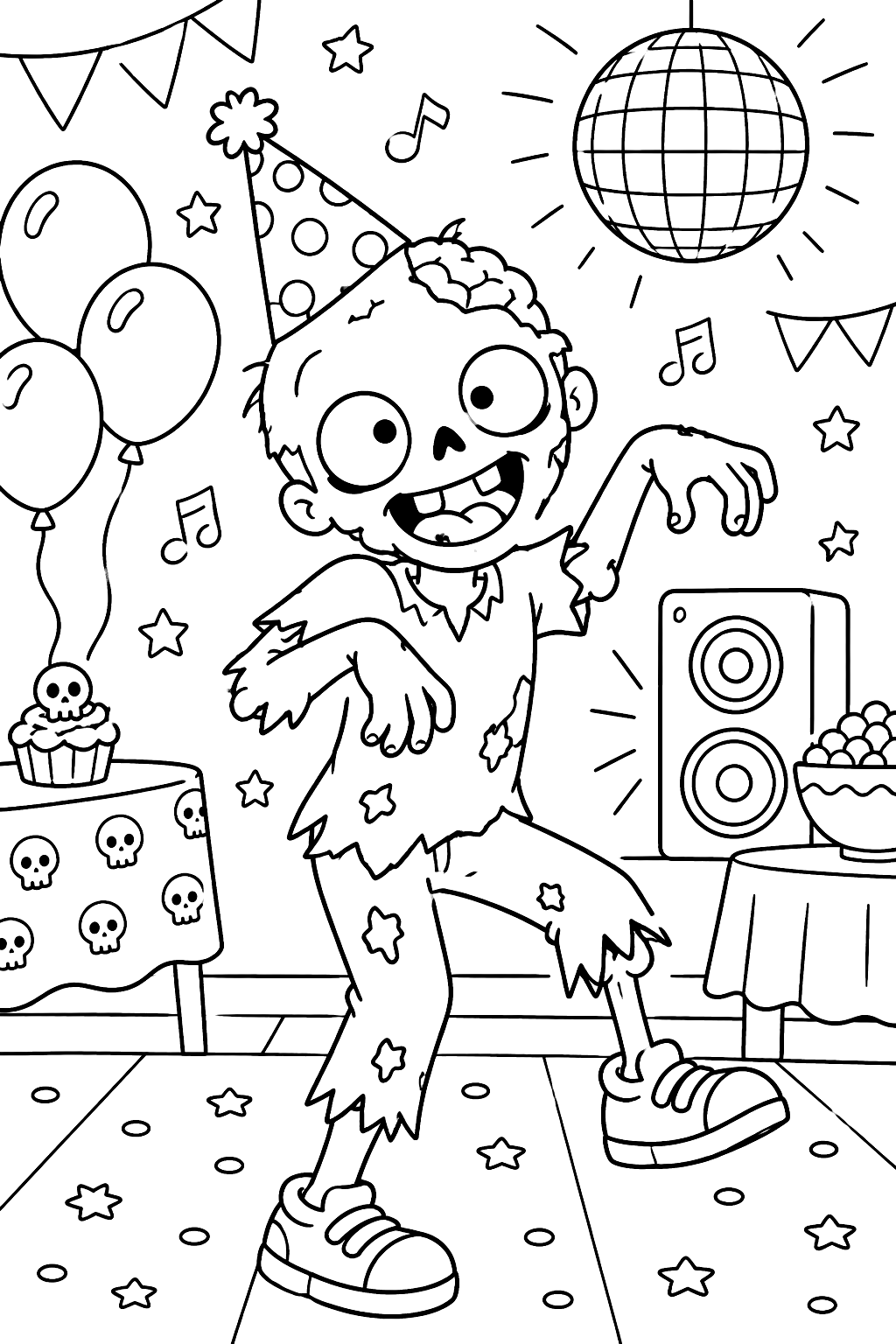 Silly zombie dancing at a party coloring page