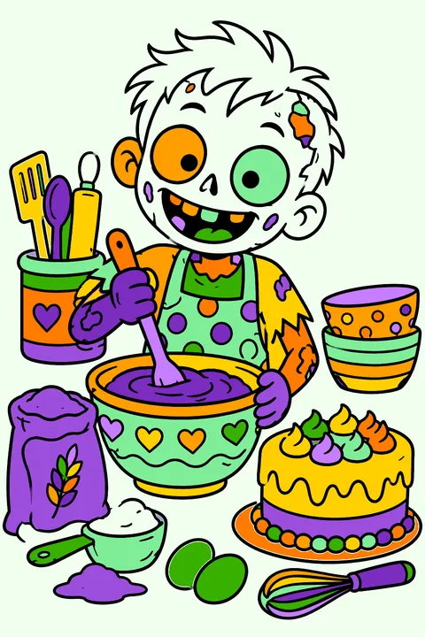 Cute cartoon zombie kid with a big goofy smile baking a cake in a cozy kitchen, flour and mixing bowls around coloring page